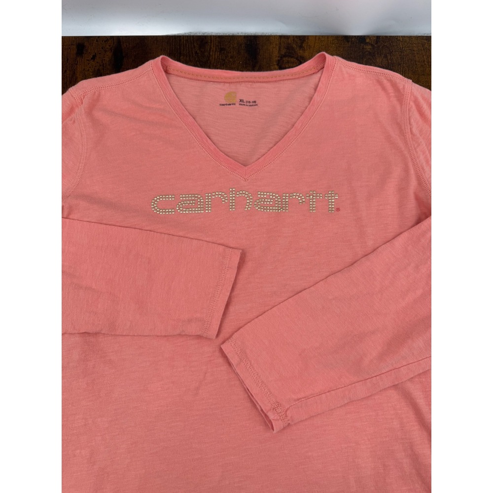 Carhartt Long Sleeve Shirt XL Coral Pink Studded Logo V-Neck Cotton